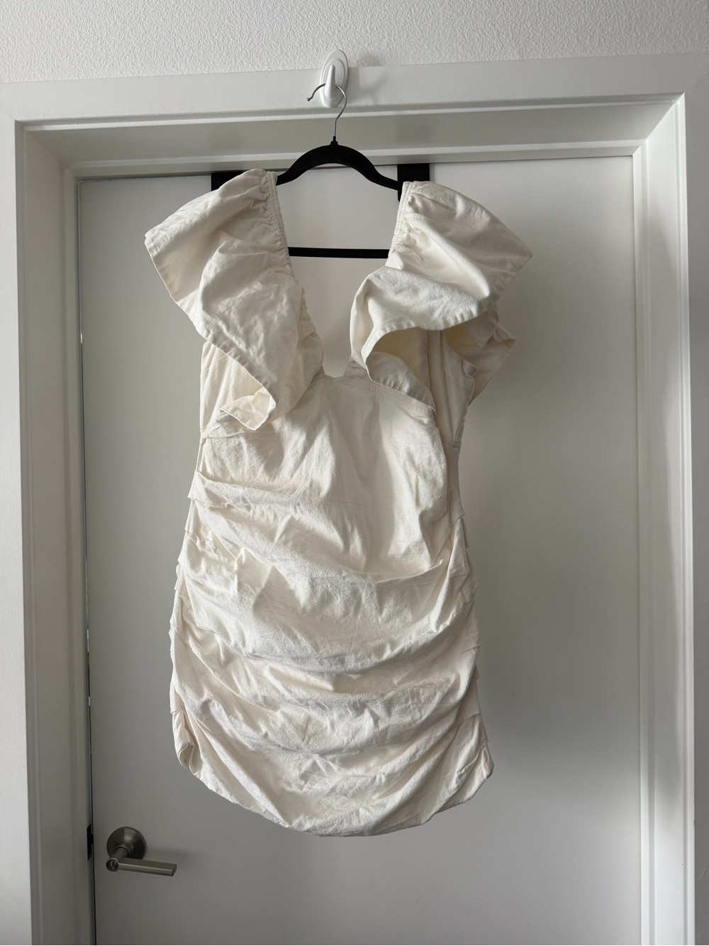 Ruffled V-Neck Cream Mini Dress with Ruched Skirt